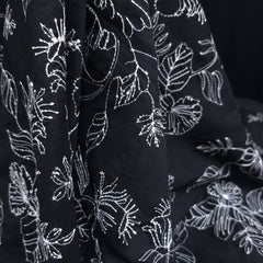 100% Cotton Embroidered Fabric | White Botanical Floral | Black