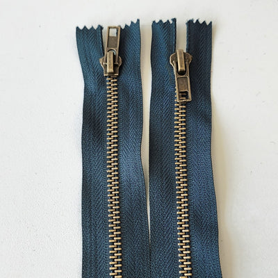 Antique Brass Zipper 9" Steel Blue