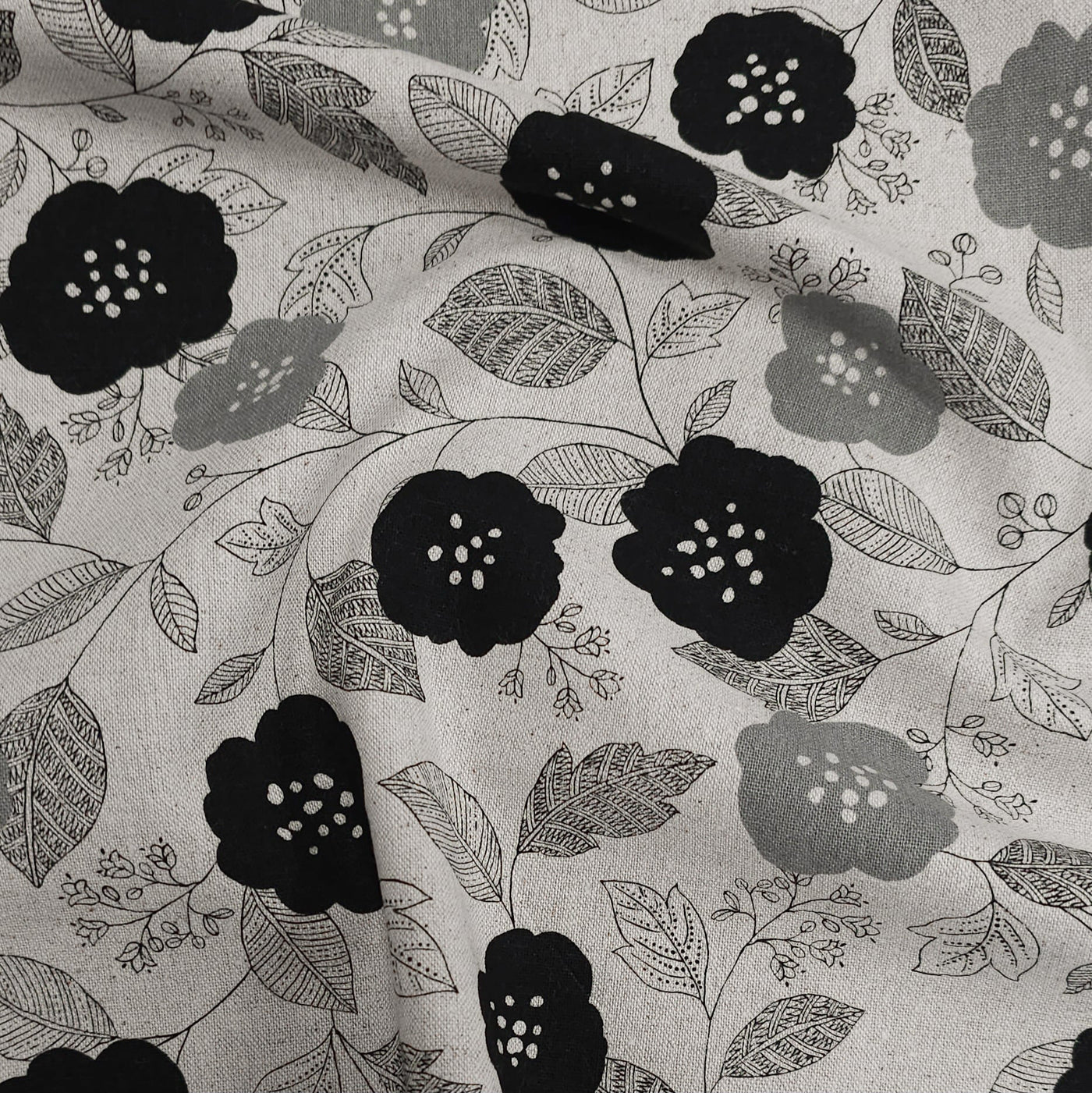 Cotton Flax Print Canvas | Black & Gray Flowers |  By Robert Kaufman