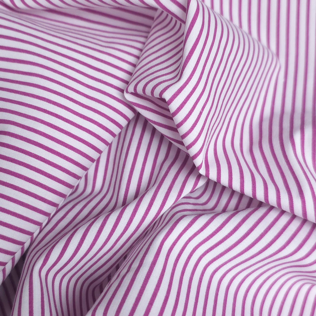 Tissu popeline de coton tissé teint | Rayures magenta et blanches