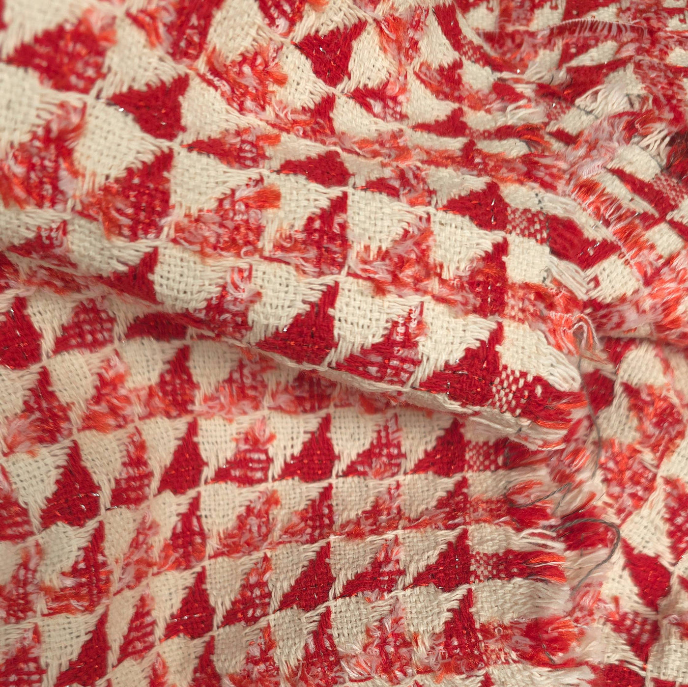 Textured Cotton & Lurex Jacquard Fabric | Red and Ecru Geometric Weave