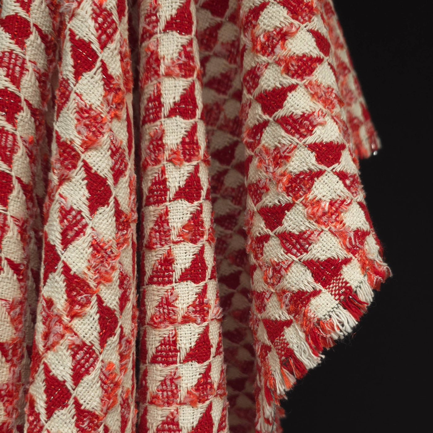 Textured Cotton & Lurex Jacquard Fabric | Red and Ecru Geometric Weave