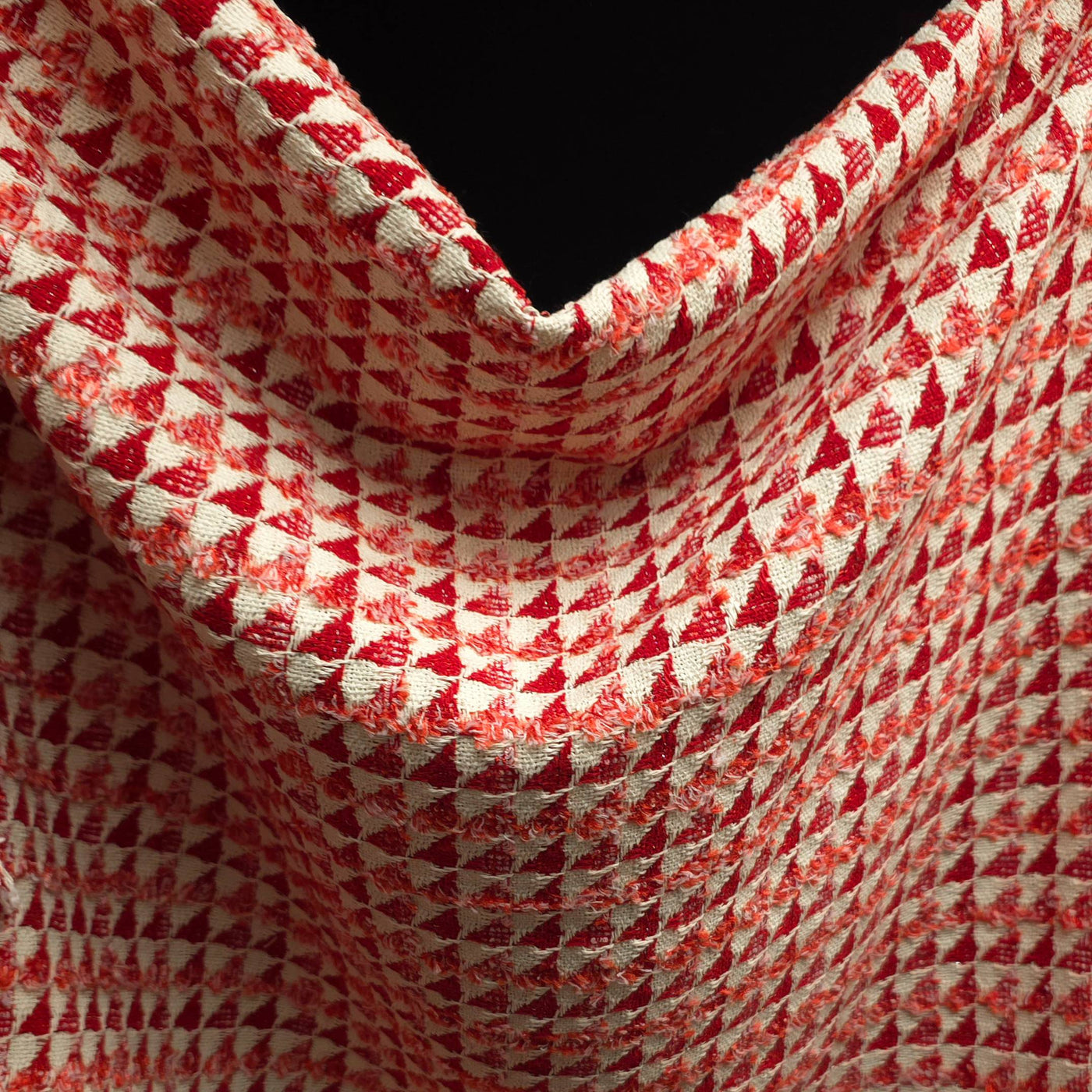 Textured Cotton & Lurex Jacquard Fabric | Red and Ecru Geometric Weave