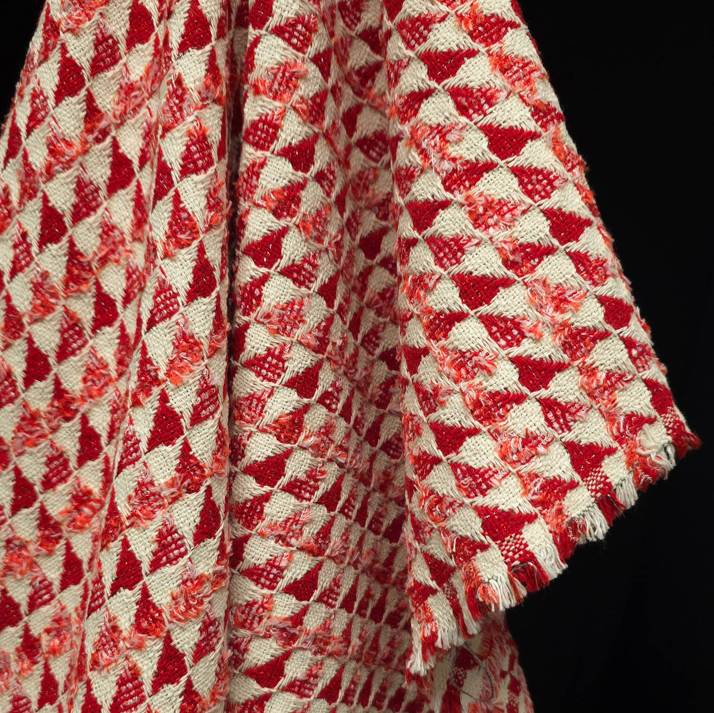 Textured Cotton & Lurex Jacquard Fabric | Red and Ecru Geometric Weave
