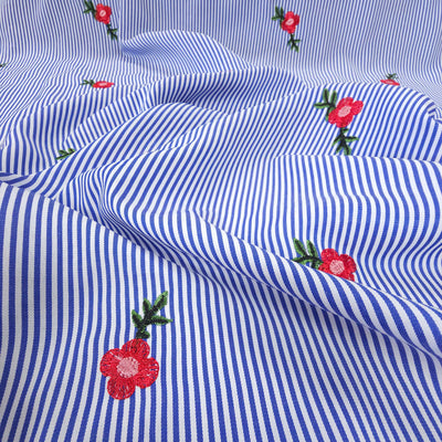 Twill Yarn-Dyed Shirting | Red Flowers Embroidery