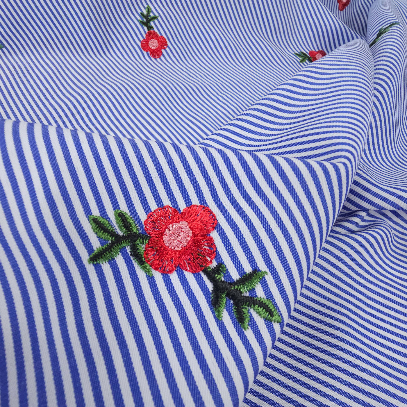 Twill Yarn-Dyed Shirting | Red Flowers Embroidery