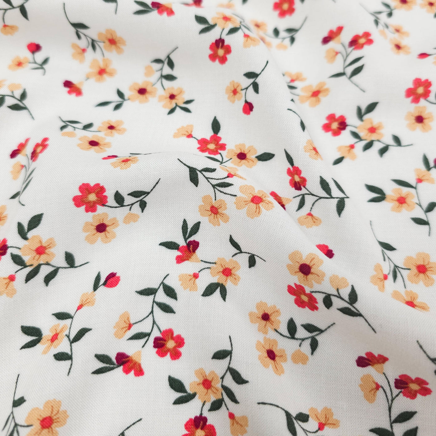 Rayon Challis | Red & Peach Flowers