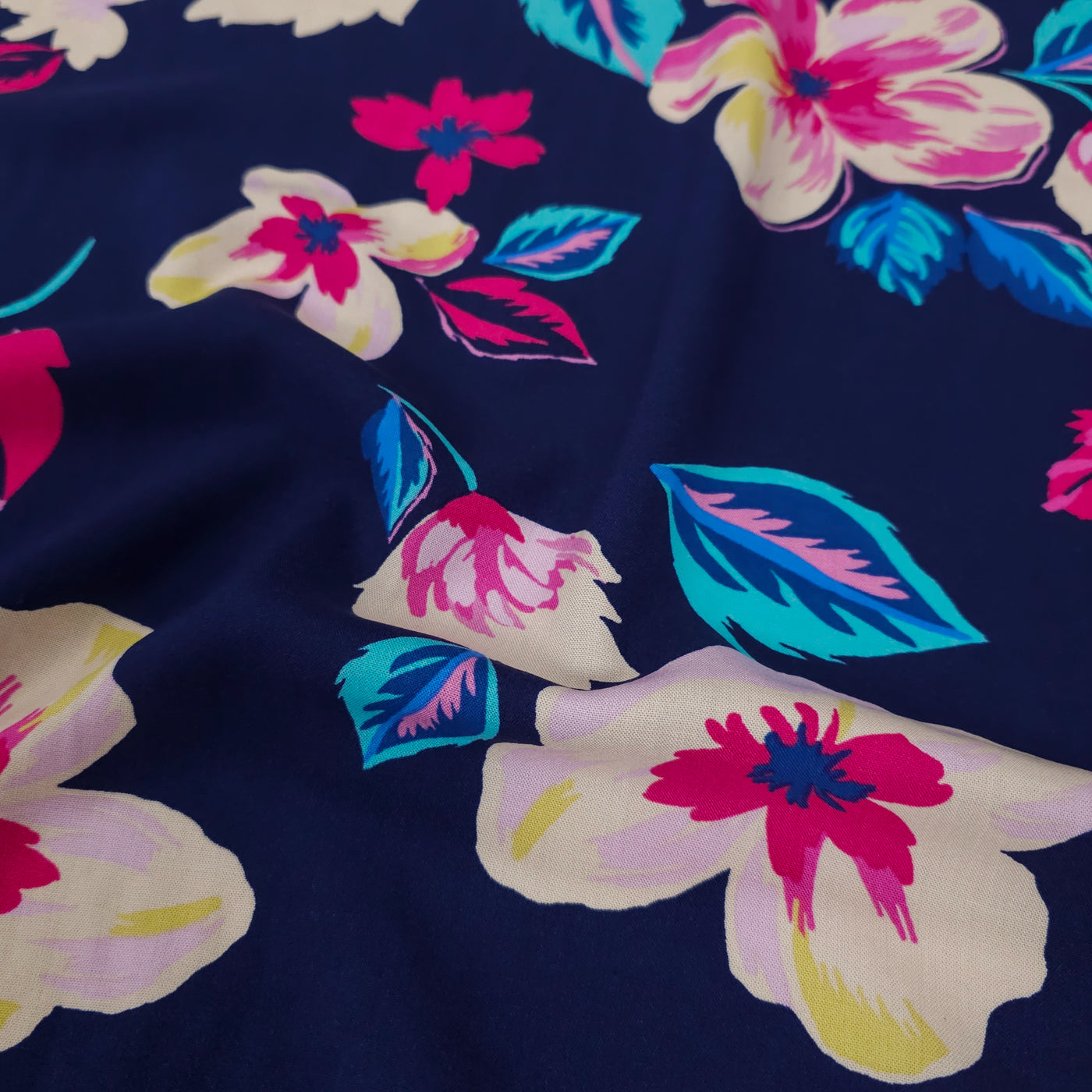 Rayon Challis | Pink Flowers on Navy Background