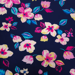 Rayon Challis | Pink Flowers on Navy Background