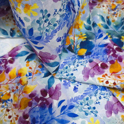 Rayon & Linen Slub | Digital Print | Blue & Yellow Flowers