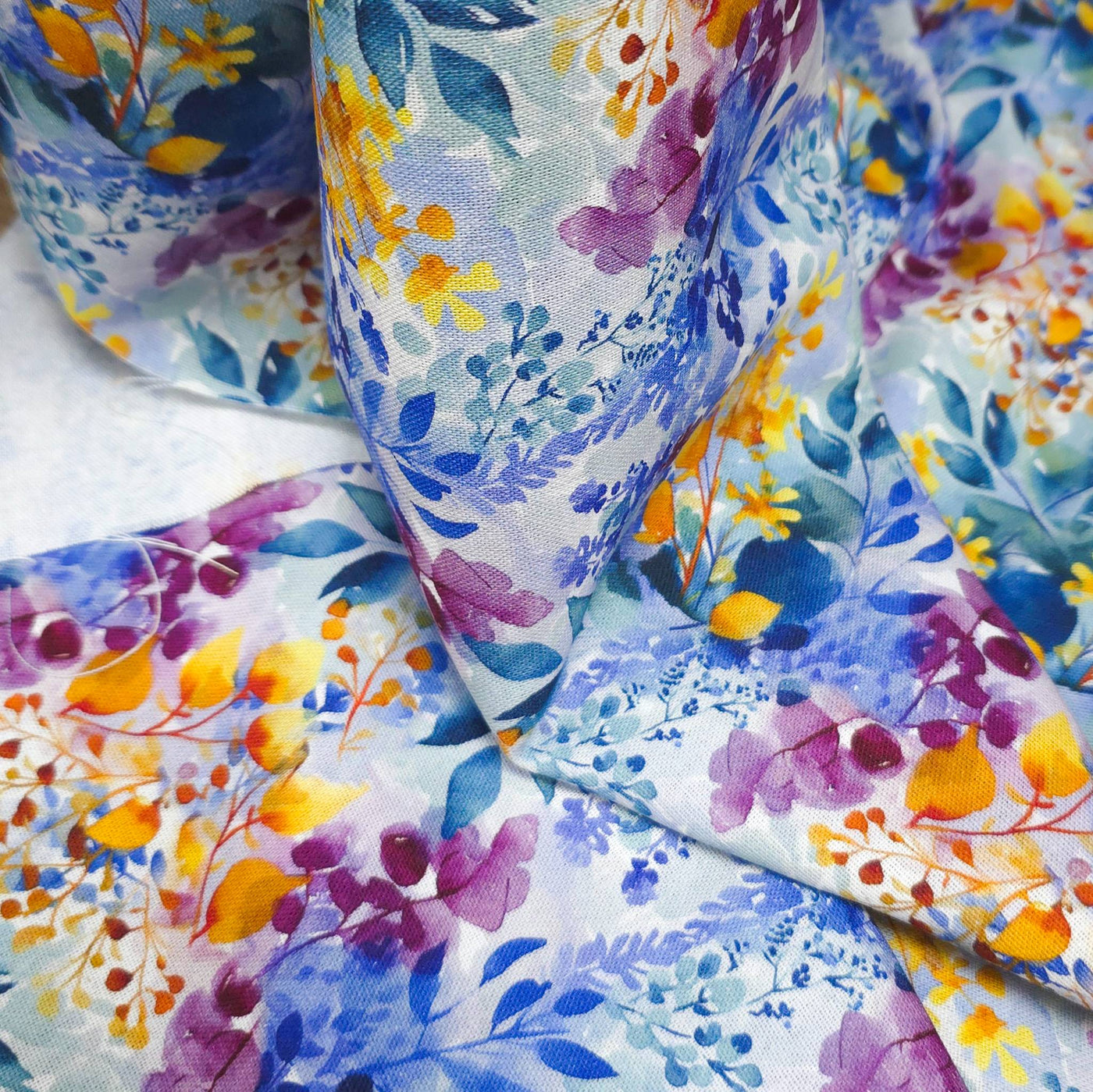 Rayon & Linen Slub | Digital Print | Blue & Yellow Flowers
