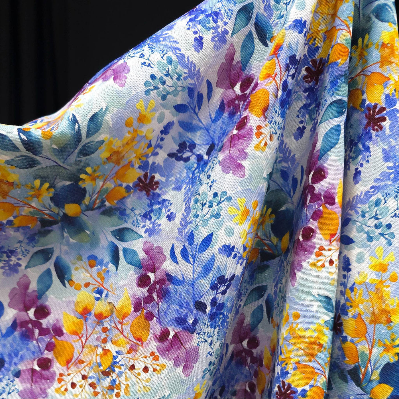 Rayon & Linen Slub | Digital Print | Blue & Yellow Flowers