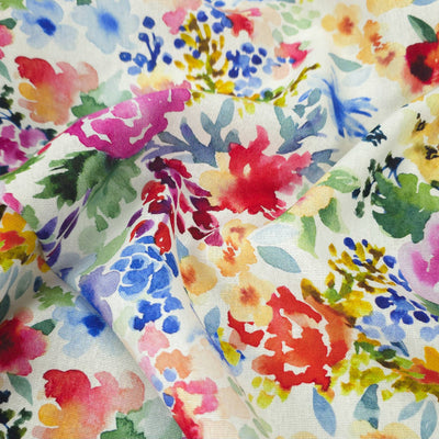 Rayon & Linen Slub | Digital Print | Flowers | White, Pink & Blue