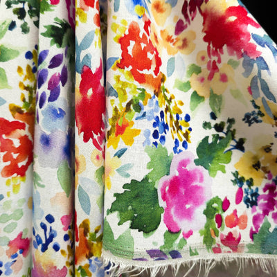 Rayon & Linen Slub | Digital Print | Flowers | White, Pink & Blue