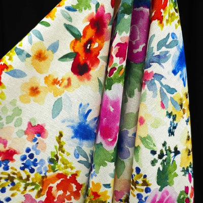 Rayon & Linen Slub | Digital Print | Flowers | White, Pink & Blue