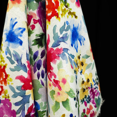 Rayon & Linen Slub | Digital Print | Flowers | White, Pink & Blue