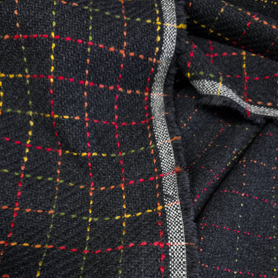 Wool | Windowpane Check Multi on Herringbone Background Charcoal