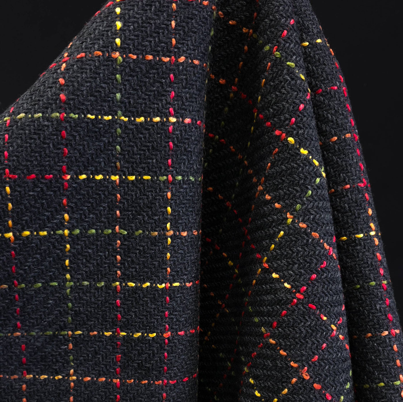 Wool | Windowpane Check Multi on Herringbone Background Charcoal
