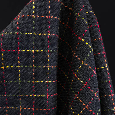 Wool | Windowpane Check Multi on Herringbone Background Charcoal