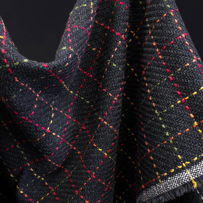 Wool | Windowpane Check Multi on Herringbone Background Charcoal