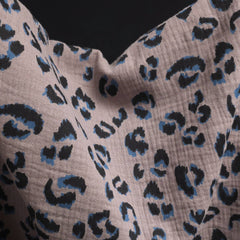 100% Cotton Double Gauze Fabric | Blue Leopard Print | Taupe