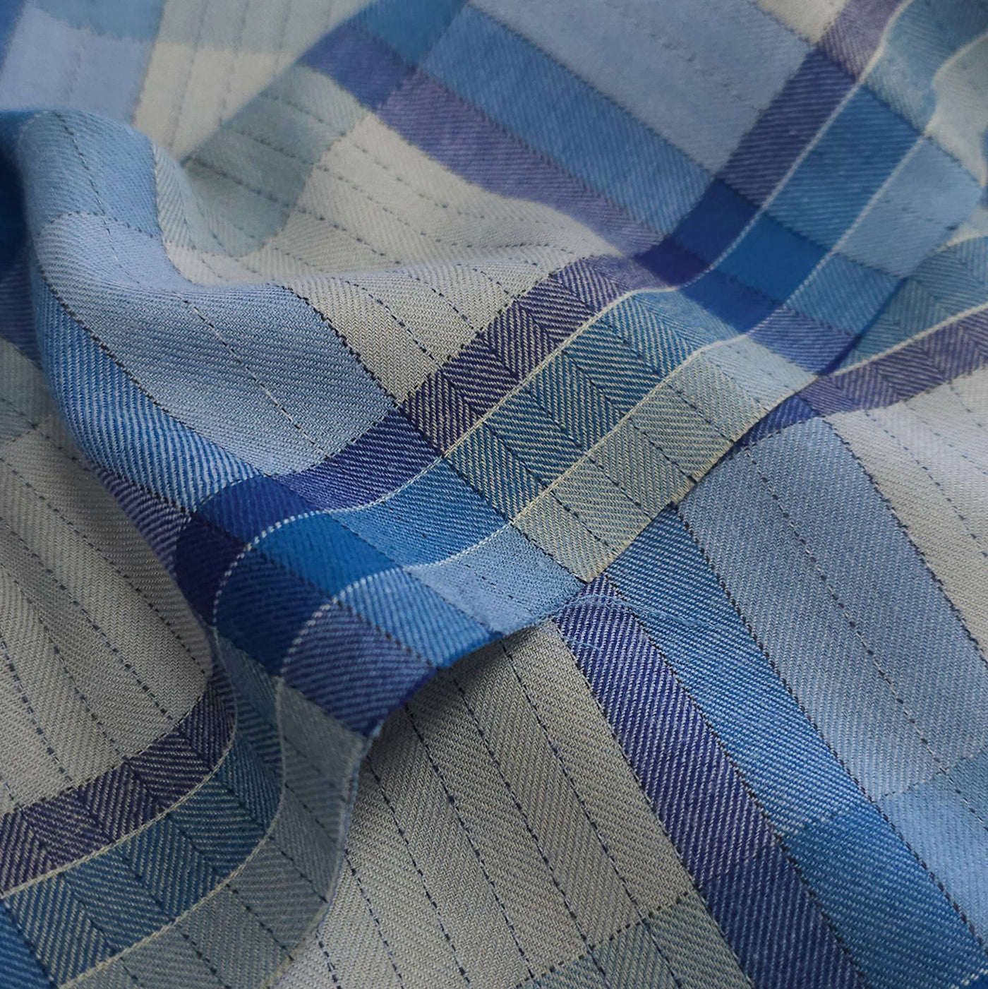 Lightweight Herringbone Plaid Shirting | Blue Mist Check