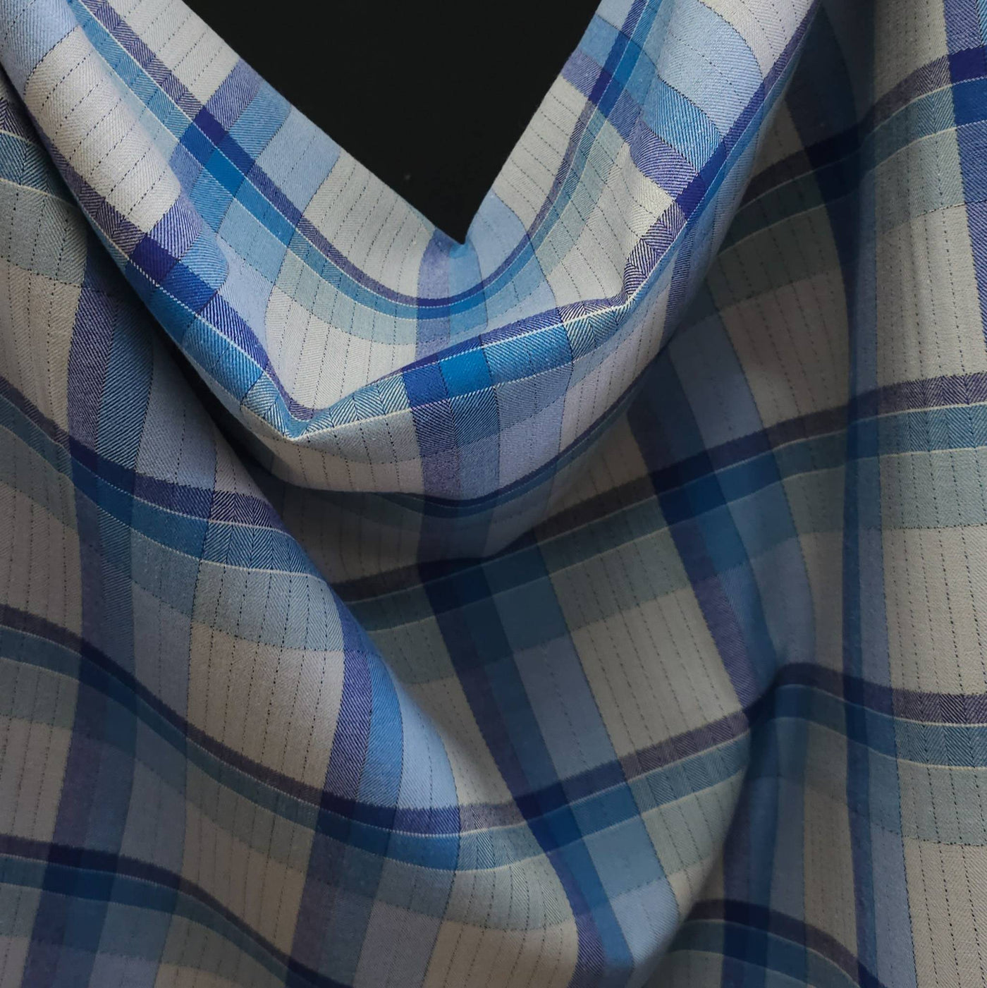 Lightweight Herringbone Plaid Shirting | Blue Mist Check