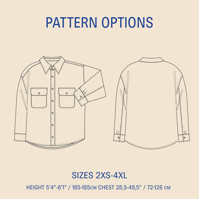 Outline of a shirt with pattern options and size information on a beige background