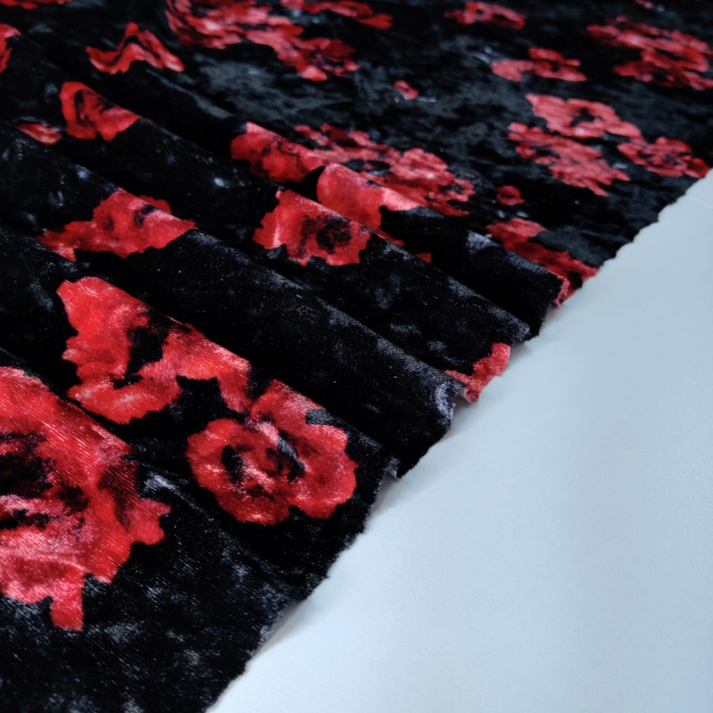 Stretch Velour Velvet Fabric - Red Flowers